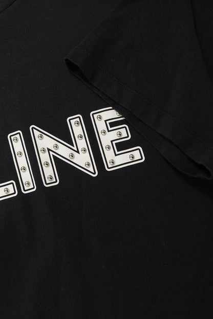CELINE Studded Logo Print Cotton T-Shirt Black Size S