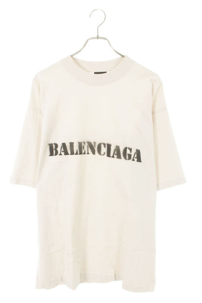 BALENCIAGA Distressed Logo Print T-shirt Beige Size L