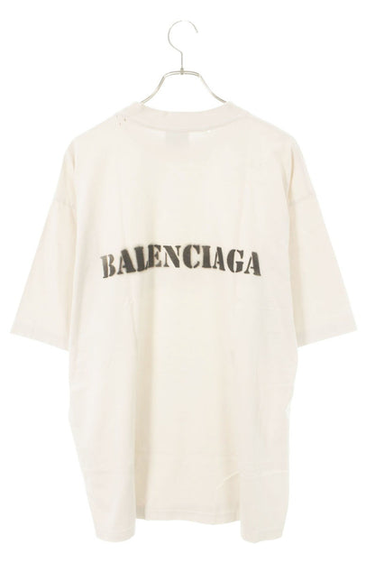BALENCIAGA Distressed Logo Print T-shirt Beige Size L
