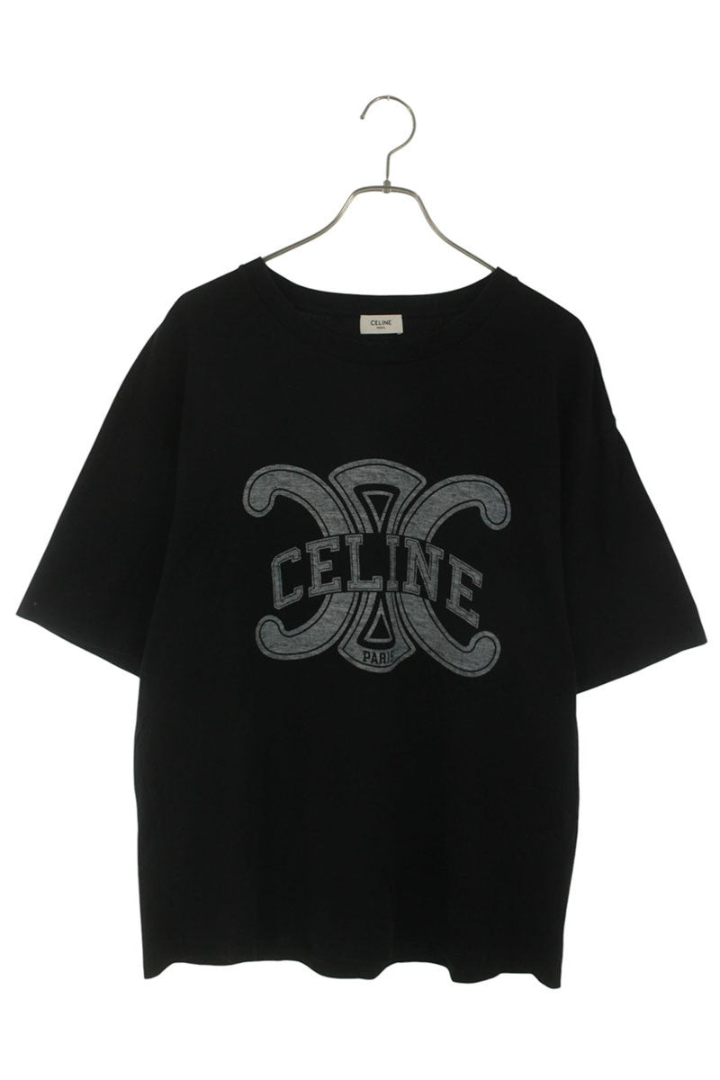 CELINE Black Triomphe Logo Print Cotton T-Shirt Size XS
