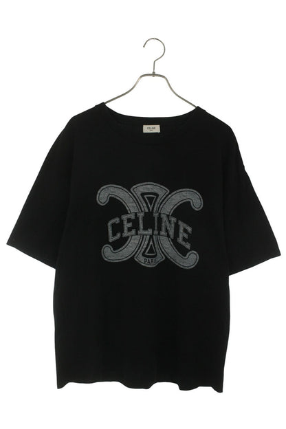 CELINE Black Triomphe Logo Print Cotton T-Shirt Size XS