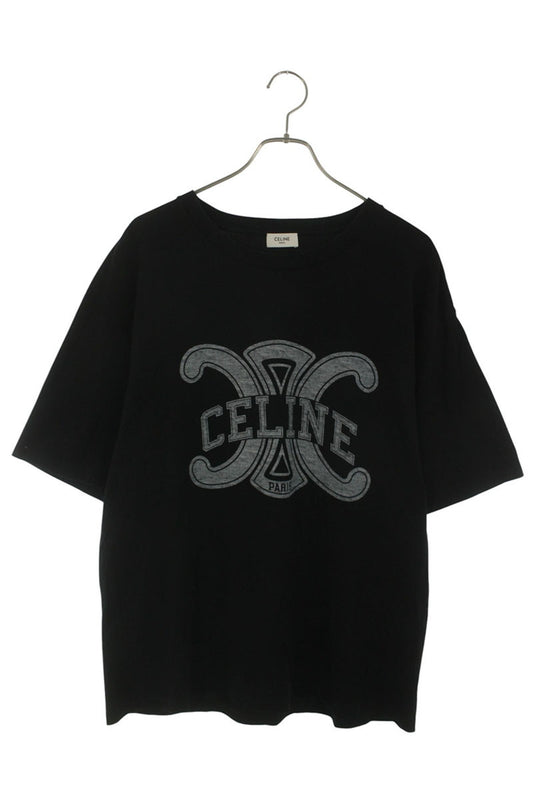 CELINE Black Triomphe Logo Print Cotton T-Shirt Size XS