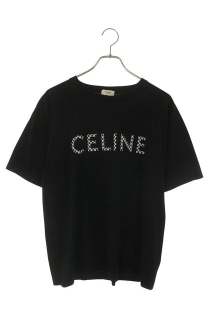 CELINE Black Studded Logo Print Cotton T-Shirt Size S