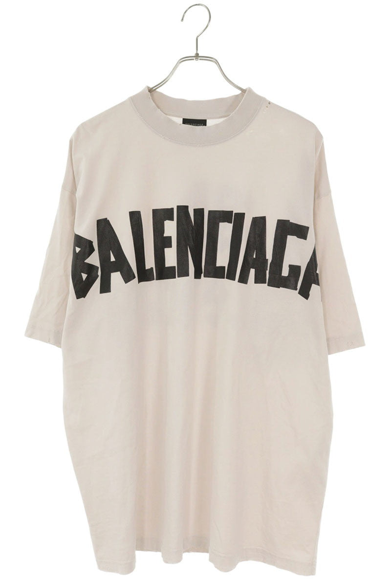 BALENCIAGA Distressed Tape Logo Tee Off-White/Black Size L