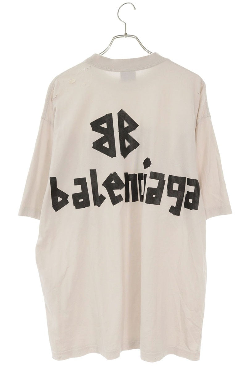 BALENCIAGA Distressed Tape Logo Tee Off-White/Black Size L
