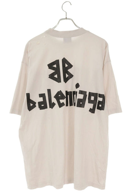 BALENCIAGA Distressed Tape Logo Tee Off-White/Black Size L