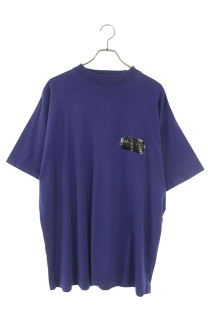 BALENCIAGA Tape Logo Print Cotton Tee Blue Size XS