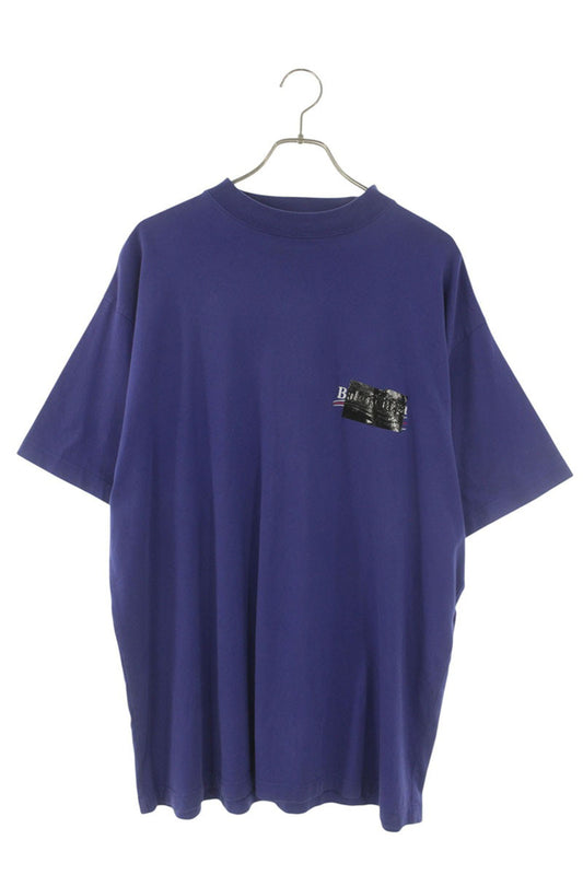 BALENCIAGA Tape Logo Print Cotton Tee Blue Size XS