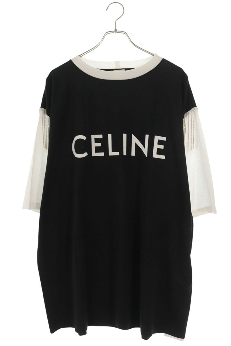 CELINE Logo Rhinestone Fringe T-Shirt Multi Cotton Size M