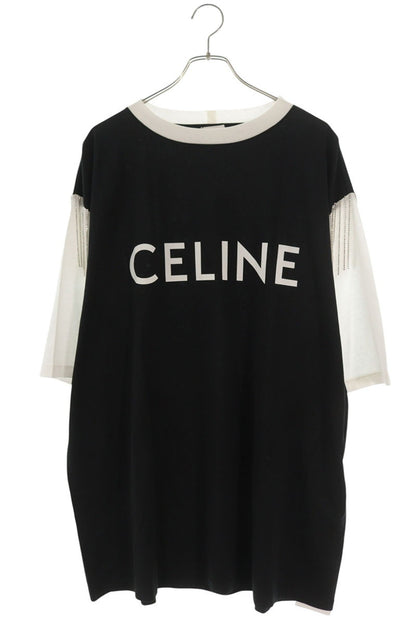 CELINE Logo Rhinestone Fringe T-Shirt Multi Cotton Size M