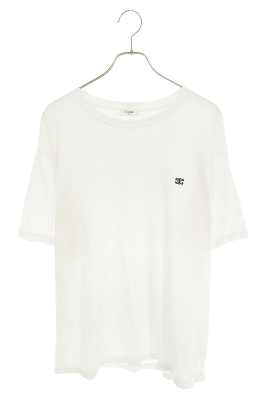 CELINE Triomphe Logo Embroidered Cotton T-Shirt White Size L