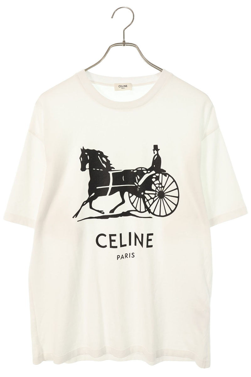CELINE 26SS Logo Carriage Print Cotton T-Shirt White Size M