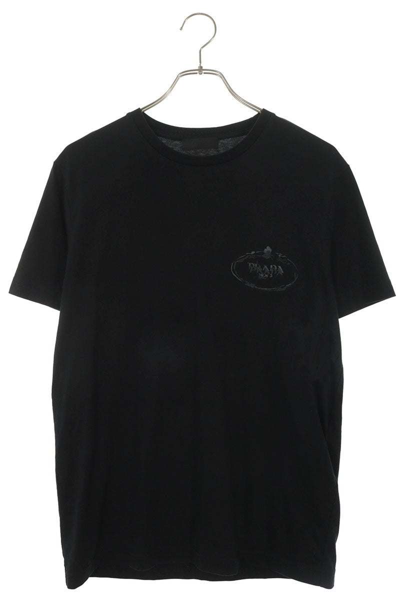 PRADA Logo Embroidered Crewneck Cotton T-Shirt Black Size M