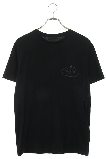 PRADA Logo Embroidered Crewneck Cotton T-Shirt Black Size M