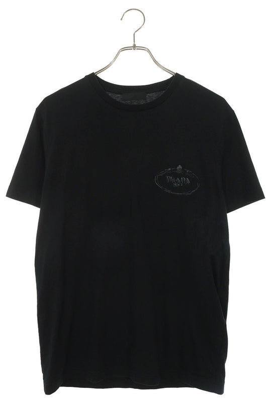 PRADA Logo Embroidered Crewneck Cotton T-Shirt Black Size M