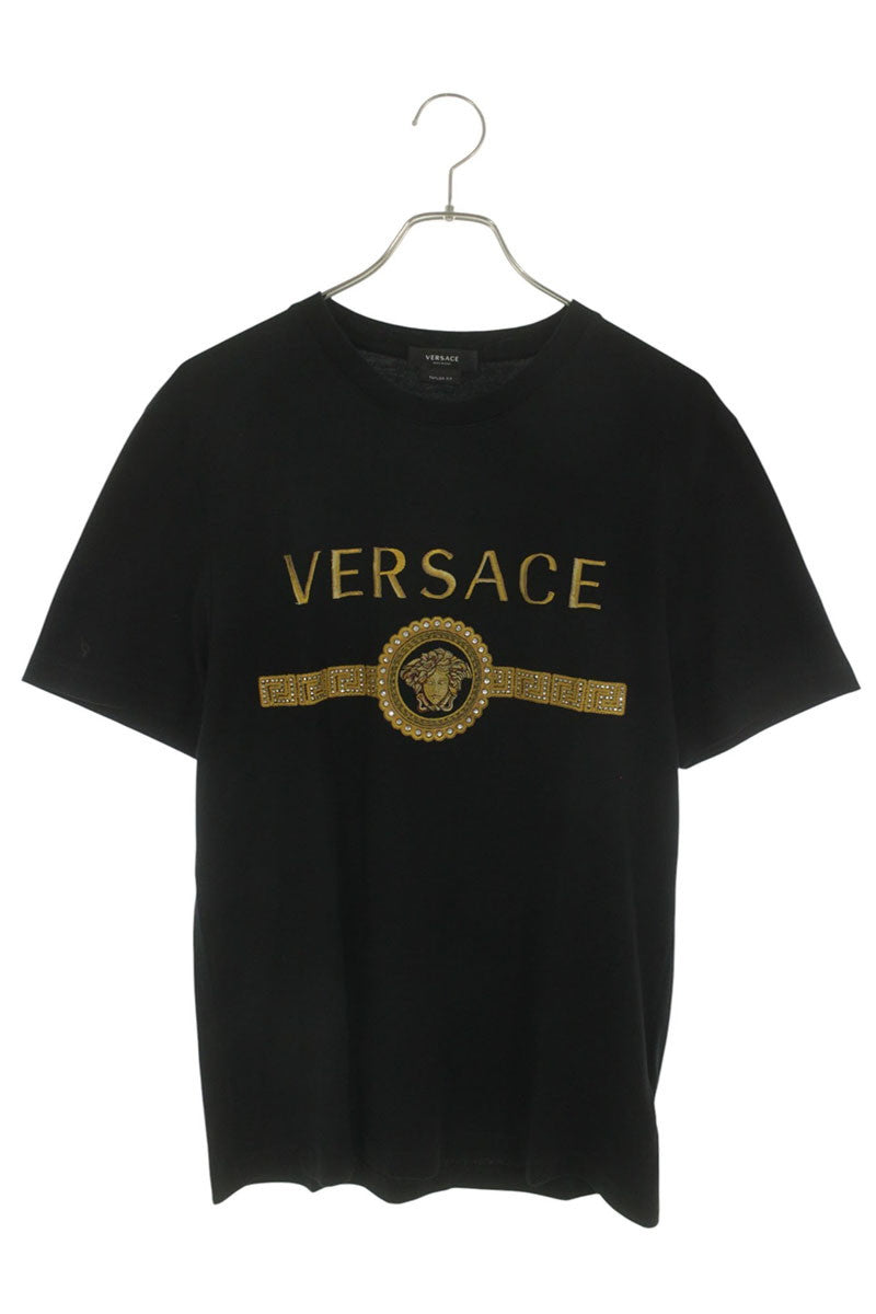 VERSACE Front Logo Embroidered Cotton T-Shirt Black Size L