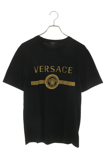 VERSACE Front Logo Embroidered Cotton T-Shirt Black Size L