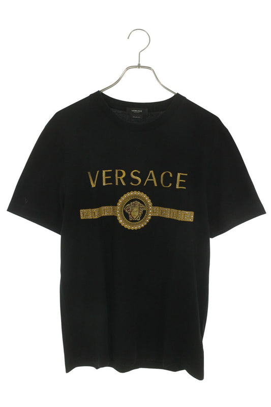 VERSACE Front Logo Embroidered Cotton T-Shirt Black Size L