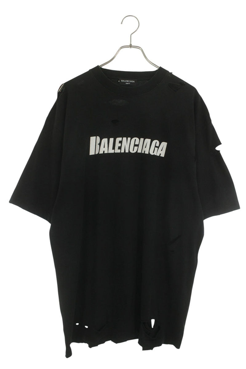BALENCIAGA Destroyed Logo Print T-Shirt Black Size S