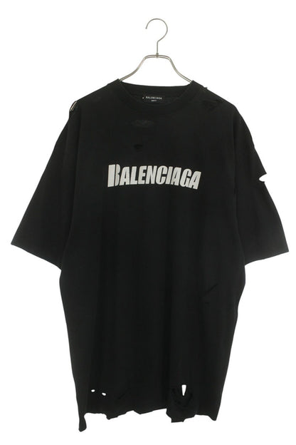 BALENCIAGA Destroyed Logo Print T-Shirt Black Size S