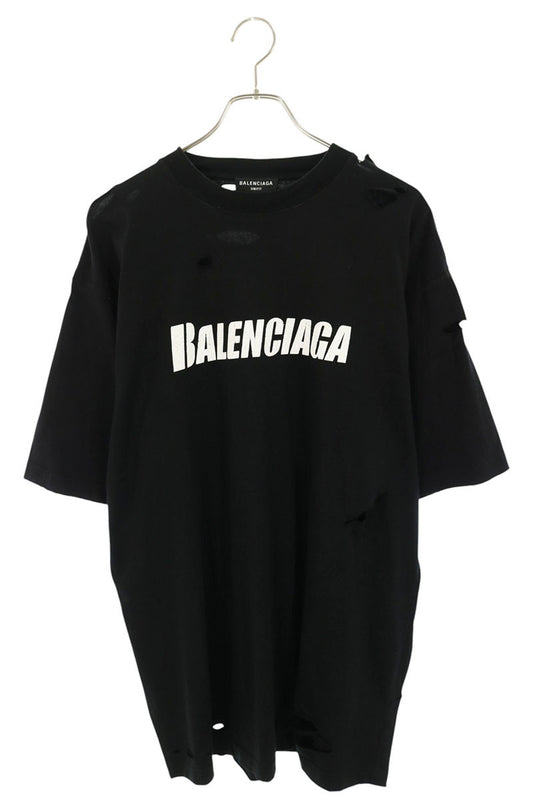 BALENCIAGA Black Destroyed Logo Print T-Shirt Size XXS