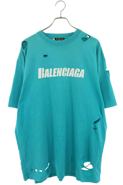 BALENCIAGA Distressed Logo Print Tee Blue Size XS