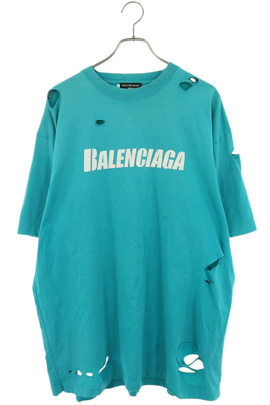 BALENCIAGA Distressed Logo Print Tee Blue Size XS