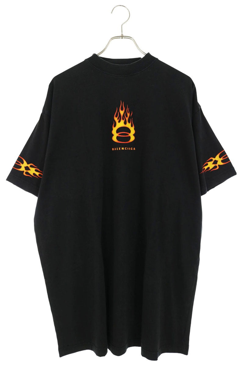 BALENCIAGA Flame Logo Print Cotton T-Shirt Black Size 2