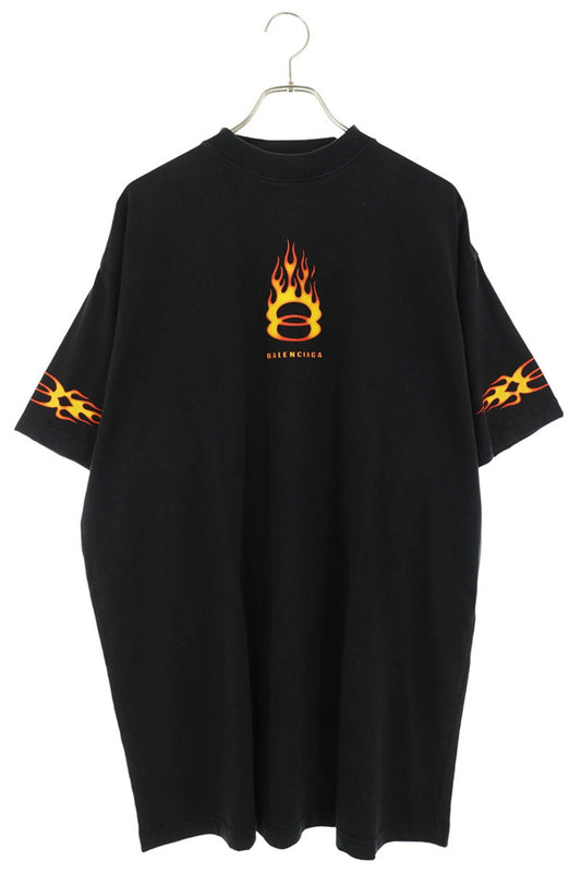 BALENCIAGA Flame Logo Print Cotton T-Shirt Black Size 2