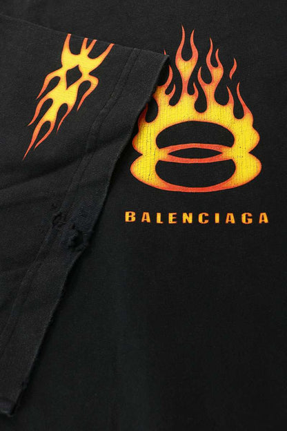 BALENCIAGA Flame Logo Print Cotton T-Shirt Black Size 2