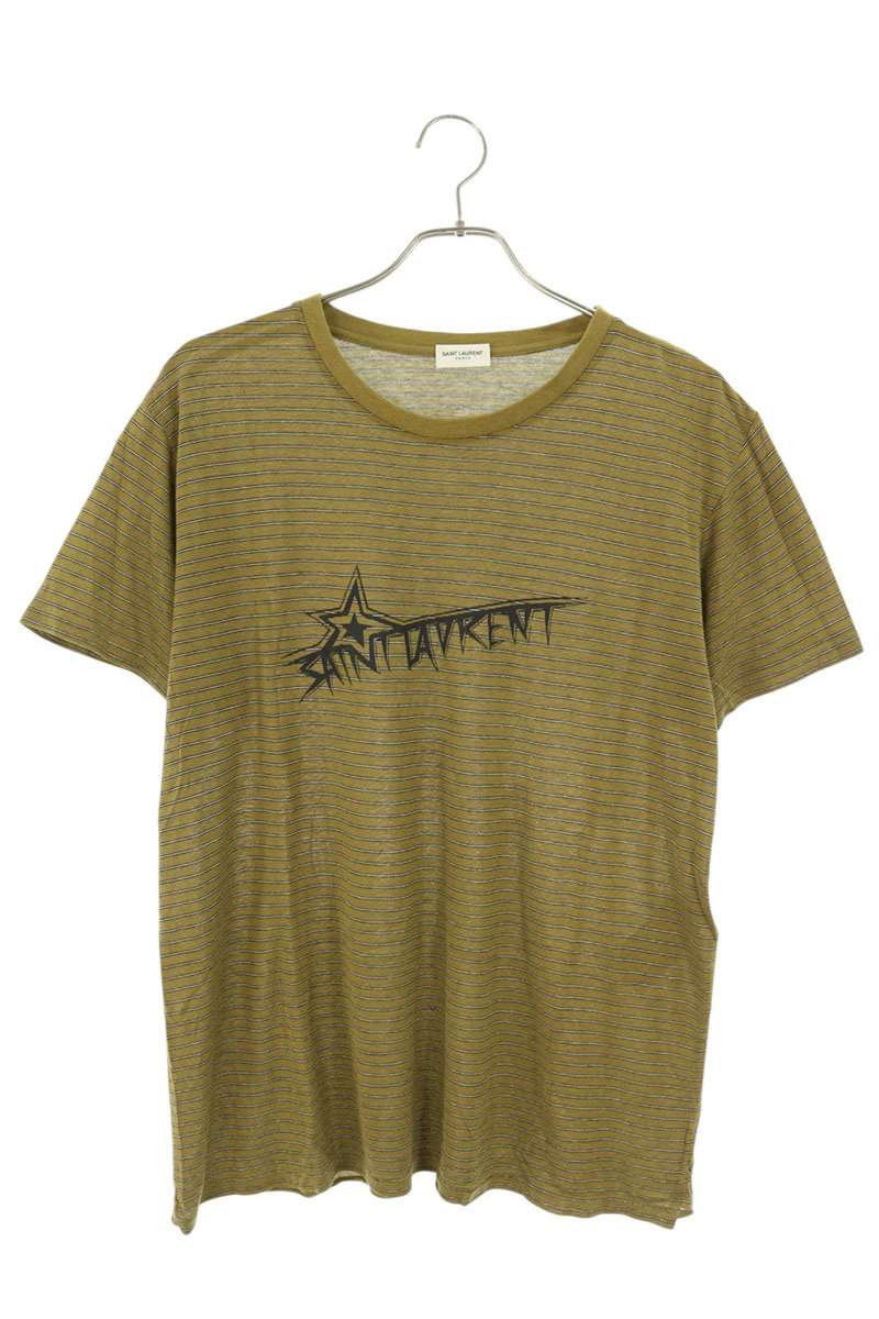 SAINT LAURENT PARIS Logo Print Striped T-Shirt Khaki Size XL