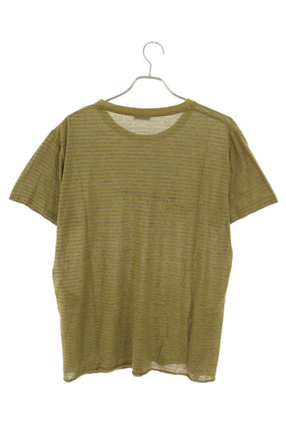 SAINT LAURENT PARIS Logo Print Striped T-Shirt Khaki Size XL