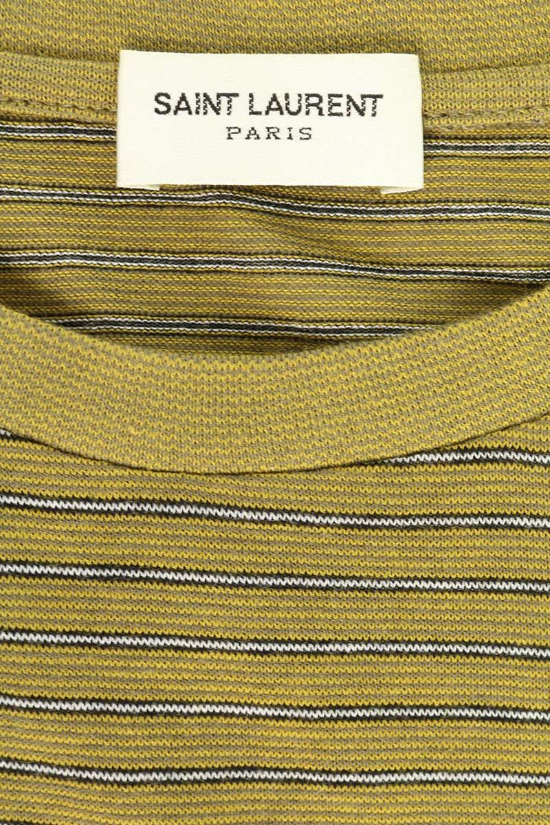 SAINT LAURENT PARIS Logo Print Striped T-Shirt Khaki Size XL