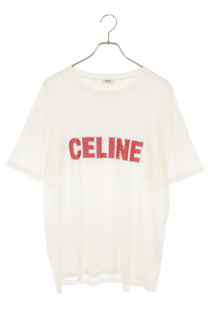 CELINE Cracked Logo Studs Print Cotton T-Shirt White Size M