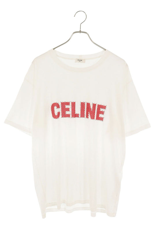 CELINE Cracked Logo Studs Print Cotton T-Shirt White Size M