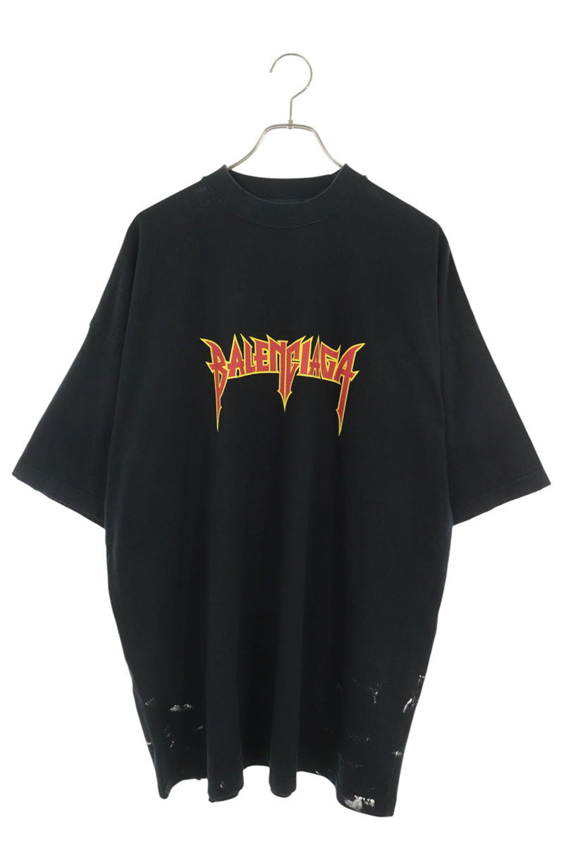 BALENCIAGA Black Metal Logo Paint Distressed T-Shirt Size 3