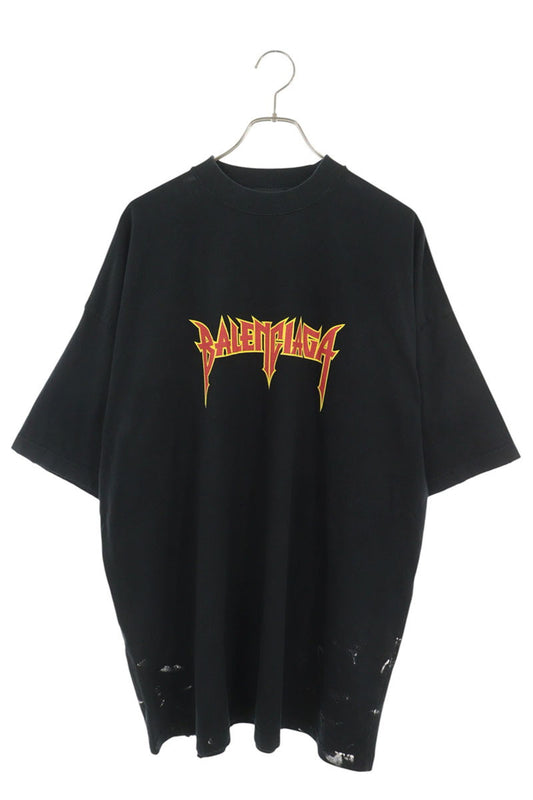 BALENCIAGA Black Metal Logo Paint Distressed T-Shirt Size 3