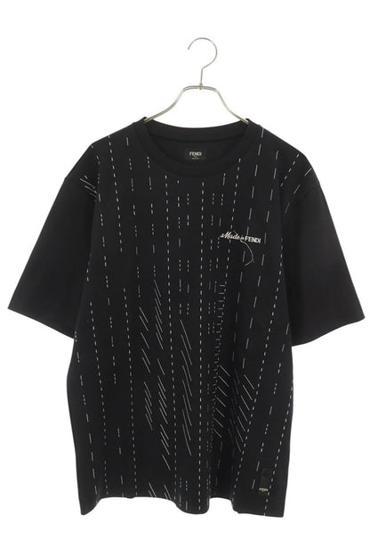 FENDI Logo Embroidered Stitch Design T-Shirt Black Size M