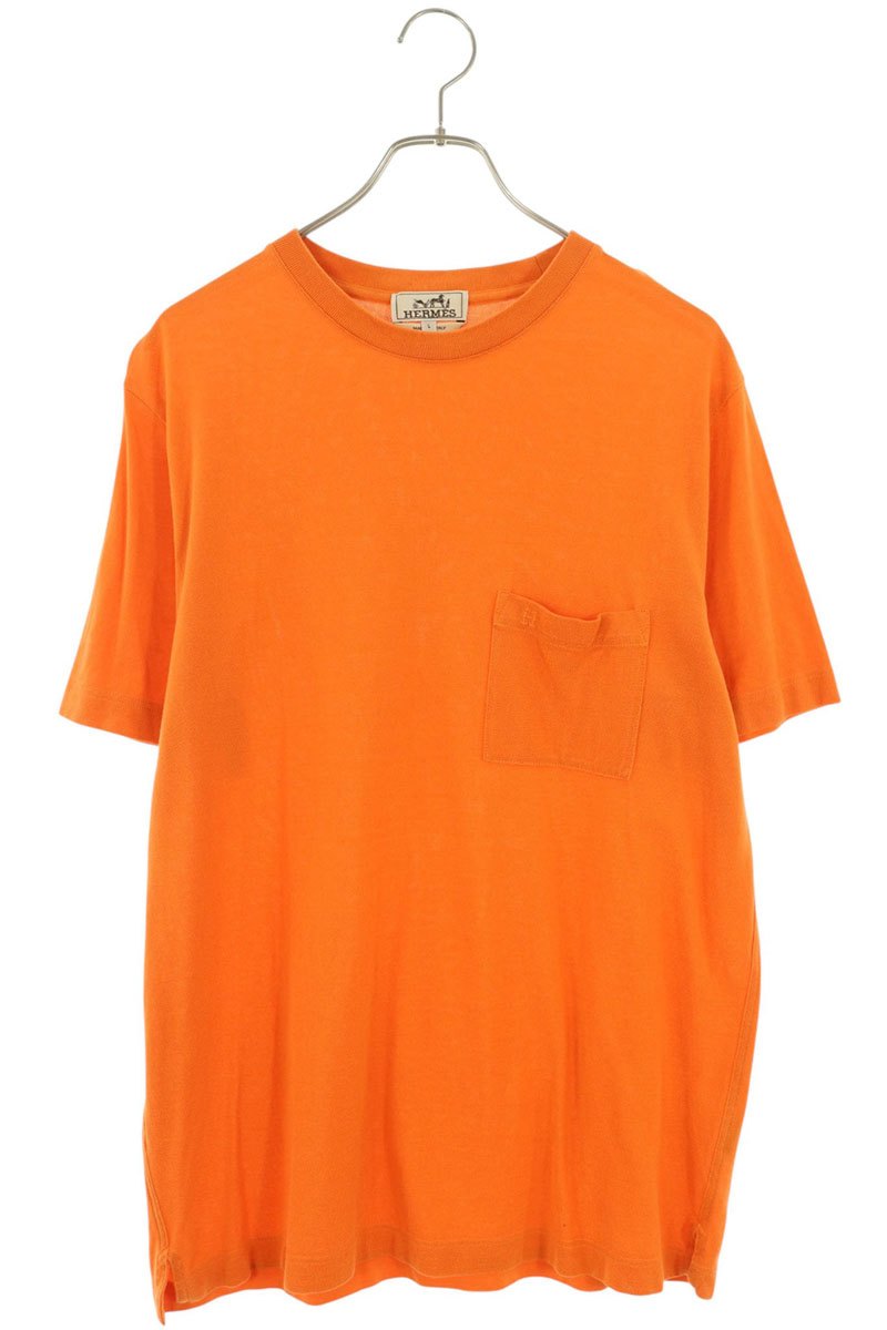 HERMES H-Embroidered Pocket Cotton T-Shirt Orange Size L
