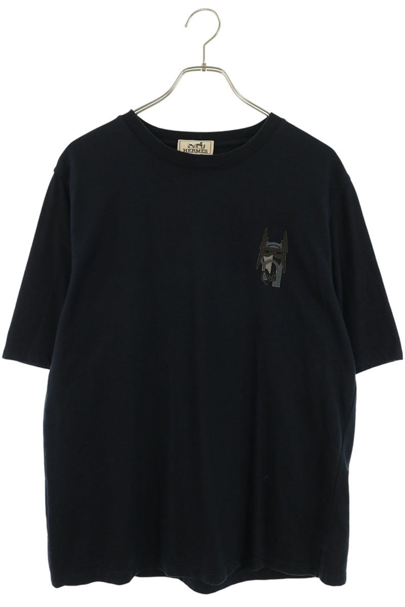 HERMES Horse Leather Patch Cotton T-Shirt Navy Size L