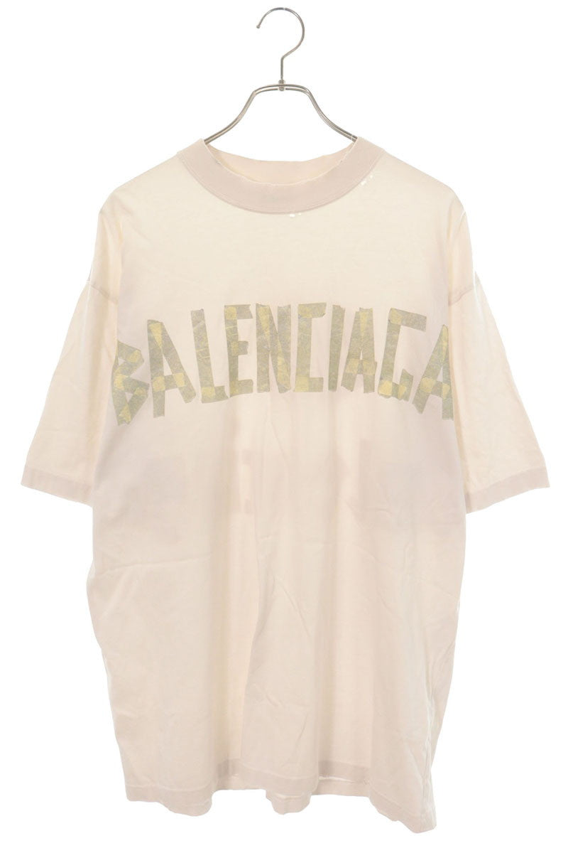 BALENCIAGA Tape Logo Distressed T-Shirt White Size S