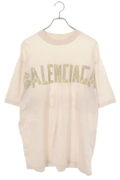 BALENCIAGA Tape Logo Distressed T-Shirt White Size S