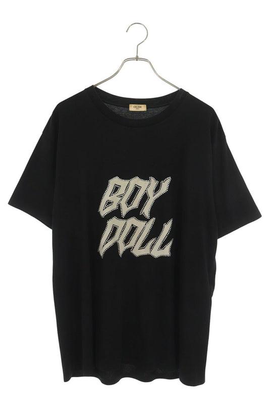 CELINE Rhinestone Logo Print T-Shirt Black Size L