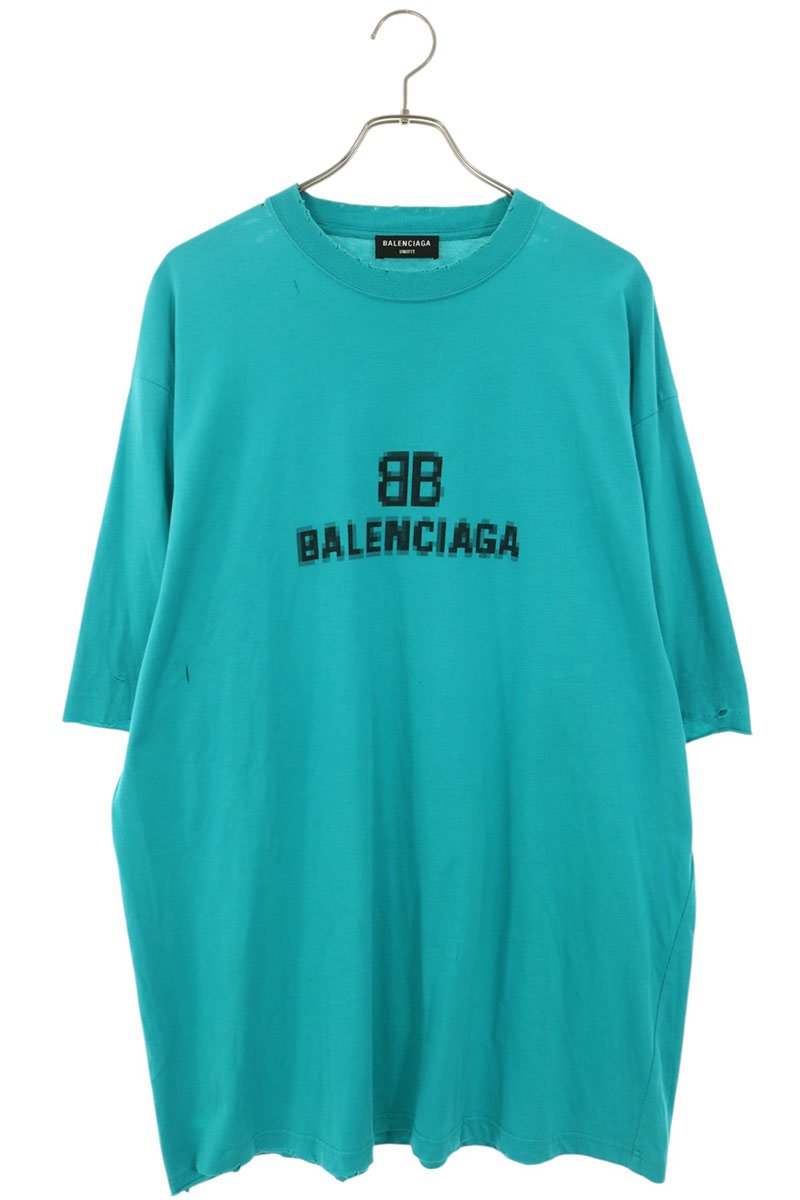 BALENCIAGA Distressed BB Pixel Logo T-Shirt Green Size XS