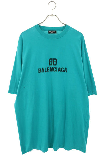 BALENCIAGA Distressed BB Pixel Logo T-Shirt Green Size XS