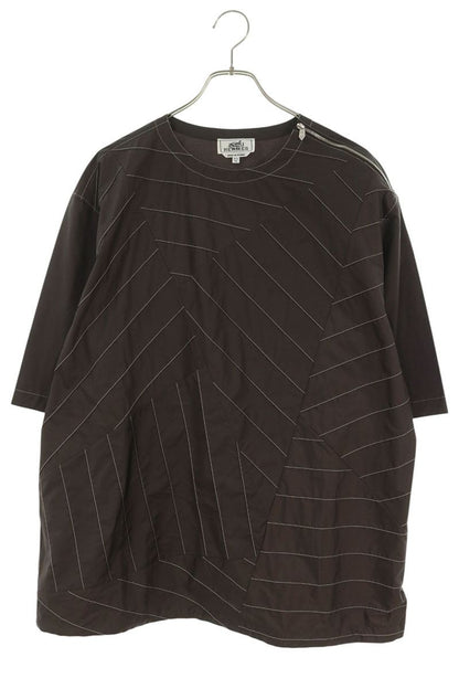 HERMES Stitch Design Shoulder Zip T-Shirt Brown Size 42