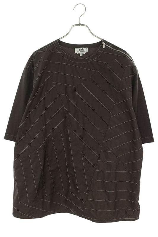 HERMES Stitch Design Shoulder Zip T-Shirt Brown Size 42