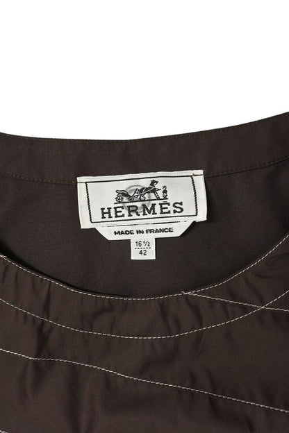 HERMES Stitch Design Shoulder Zip T-Shirt Brown Size 42