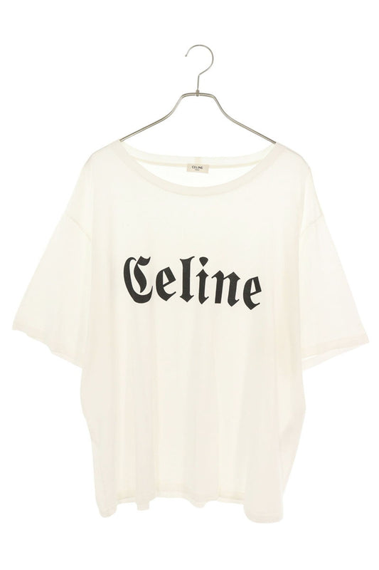 CELINE Gothic Logo Print Cotton T-Shirt White Size XL