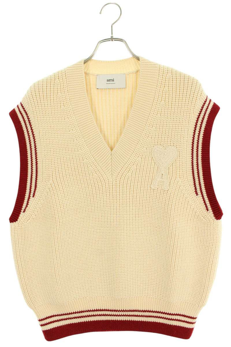 AMI 25SS Embroidered V-Neck Knit Vest White Size XL